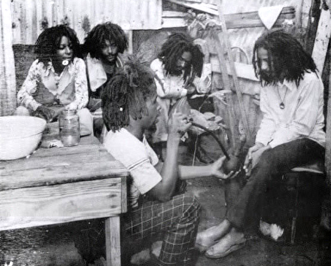 From left to right - Mundell, Jah Mikey, Jah Hubey, Bongo Teo, Jah Pablo, 1977