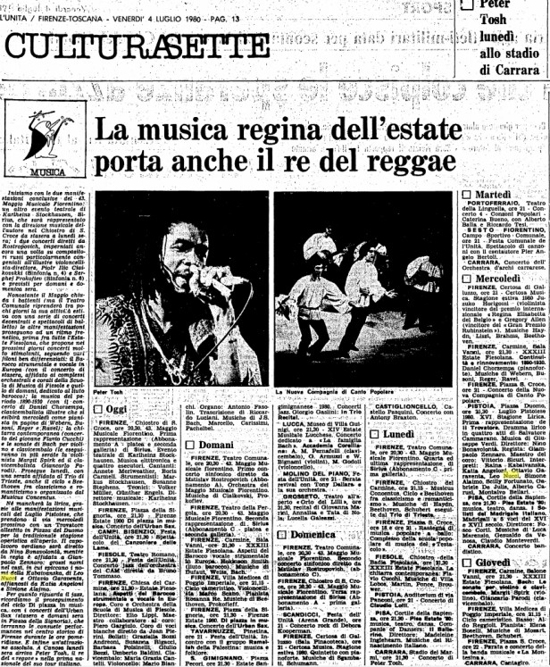 L'Unita magazine , 1980-07-04 peter tosh at massa carrara
