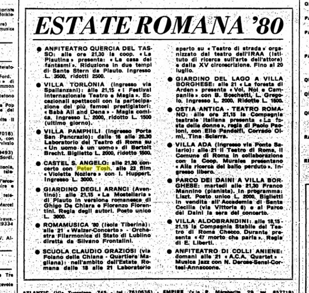 1980-07-13 advert for peter tosh live in roma