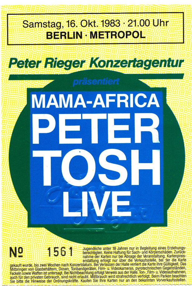 Peter Tosh Ticket 1983 - Norbert Bauher